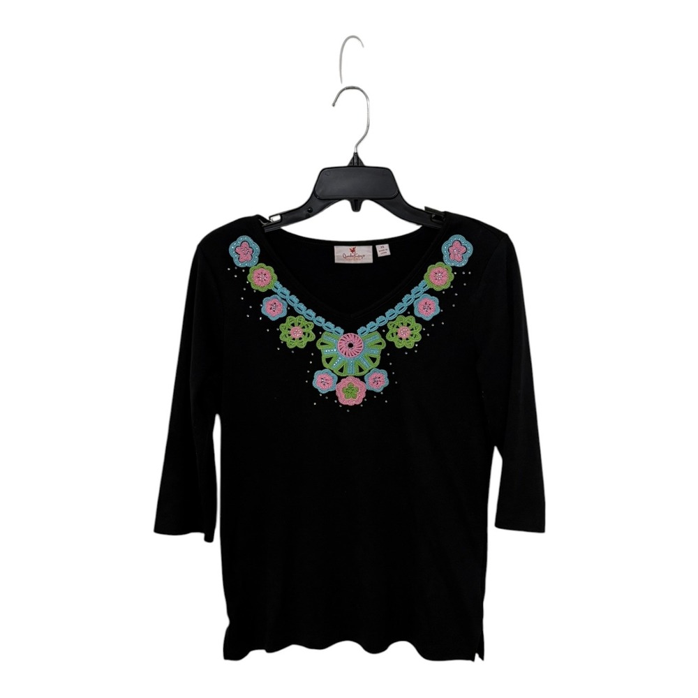 Quacker Factory Womens XS Black Crochet Floral V-Neck 3/4 Sleeve Top A289671